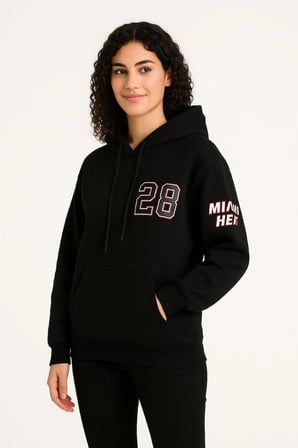 Marsilyan Taraftar Kapüşonlu Sweatshirt Siyah L Oversize Pamuk Miami Heat 28 Baskılı Üç İplik Şardonlu