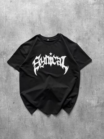 Kadın Kısa Kol Yazlık Tişört Bisiklet Yaka Baskılı Oversize T-Shirt - Siyah