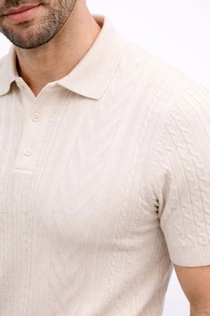 Erkek Yazlık Triko Tişört Kısa Kol Polo Yaka Düğmeli T-Shirt - Krem