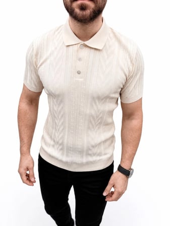 Erkek Yazlık Triko Tişört Kısa Kol Polo Yaka Düğmeli T-Shirt - Krem