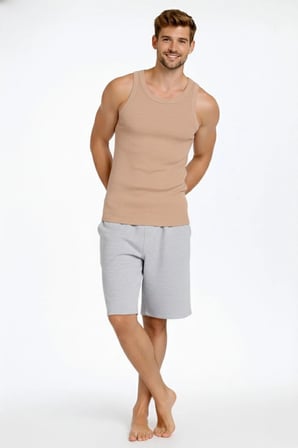 Marsilyan Erkek Atlet Bej Askılı Slim Fit Fitilli Baskılı