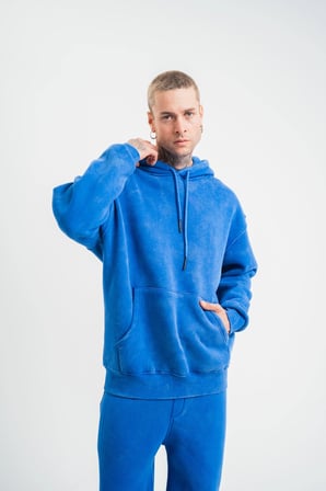 Double Oversize Kapşonlu Yıkamalı SweatShirt - Mavi