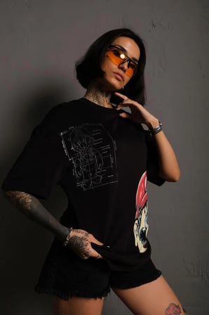 Kadın Mario Baskılı T-Shirt Oversize Kısa kol Bisiklet yaka tişort - Siyah