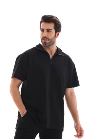 Yarım Fermuarlı Düz Oversize T-shirt - Siyah