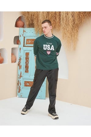 Nakış İşlemeli Ribanalı Oversize T-shirt - Yeşil