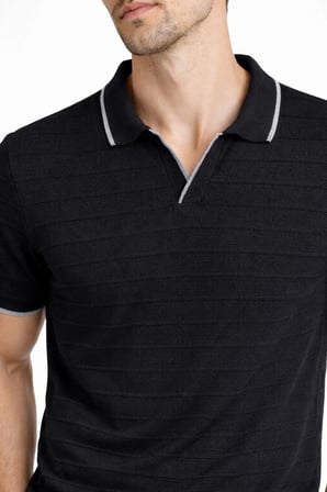 Erkek Yazlık Dokuma Triko Tişört Düğmesiz Polo Yaka Kısa Kol T-Shirt - Siyah