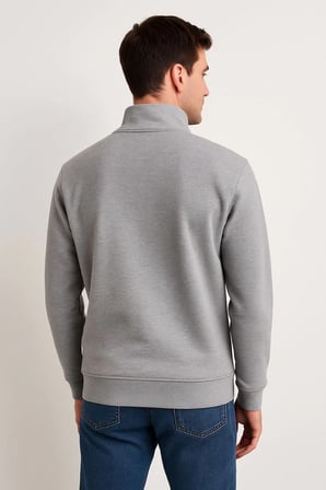Dik Yaka Sweatshirt Dik Yaka Yarım Fermuarlı 3 İplik Şardonlu Pamuk Kumaş - Gri