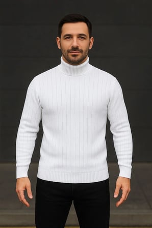 Fitilli Triko Kazak 2'li Set Beyaz Siyah Regular Balıkcı Yaka Tam Boğazlı Triko Seti Modeli Kazak