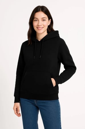 Üç İplik Kapüşonlu Kanguru Cepli Sweatshirt hoodie - Siyah