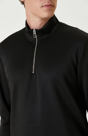 Uzun Kol Yarım Farmuarlı Yakalı Basic SweatShirt - Siyah