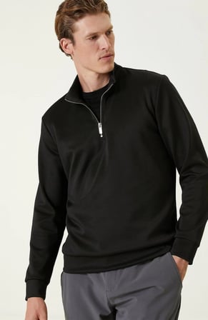 Uzun Kol Yarım Farmuarlı Yakalı Basic SweatShirt - Siyah