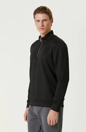 Uzun Kol Yarım Farmuarlı Yakalı Basic SweatShirt - Siyah