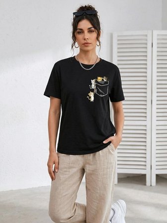 Kadın Sevimli Kedi Cep Baskılı Tişört Kısa Kol Yazlık T-Shirt - Siyah