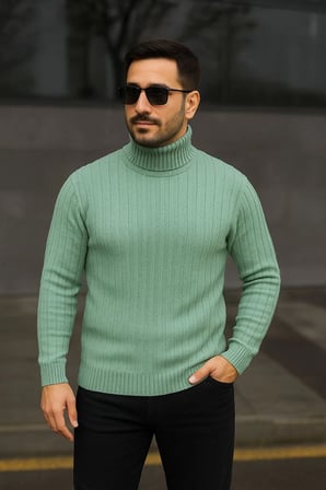 Balıkcı Yaka Bağazlı Triko Kazak Pamuklu Kalın Fitilli Dokuma, Regular Fit Uzun Kollu Kışlık Model - Mint Yeşili