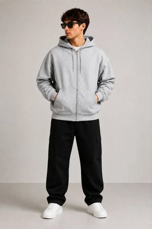 Erkek 3 İplik Şardonlu Tam Fermuarlı Kapüşonlu Arka Çanta Detaylı Sweatshirt - Gri