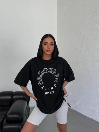 Kadın Baskılı T-Shirt Kısa Kol Bisiklet Yaka Oversize Rahat Kalıp Günlük Tişört - Siyah