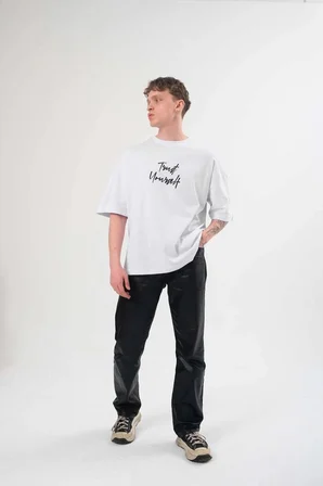 Bisiklet Yaka Baskılı Oversize T-Shirt - Beyaz