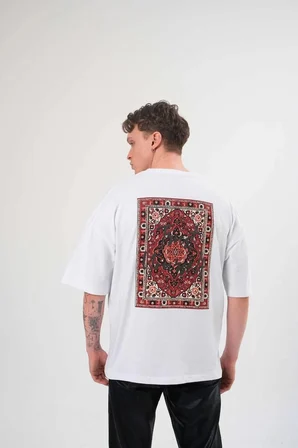 Bisiklet Yaka Baskılı Oversize T-Shirt - Beyaz