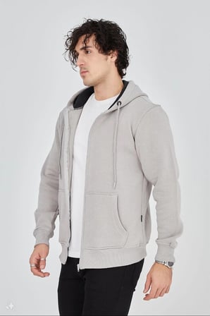 Tam Fermuarlı Kapşonlu  SweatShirt - Boyalı Gri