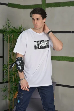 Bisiklet Yaka Baskılı Oversize T-Shirt - Beyaz