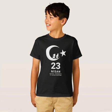Çocuk 23 Nisan Ulusal Egemenlik ve Çocuk Bayramı Baskılı Bisiklet Yaka T-shirt - Siyah