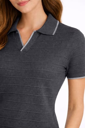 Kadın Yazlık Dokuma Triko Tişört Düğmesiz Polo Yaka Kısa Kol T-Shirt - Siyah