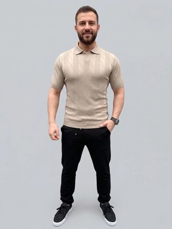 Erkek Yazlık Triko Dokuma Tişört Kısa Kol Polo Yaka T-Shirt - Bej