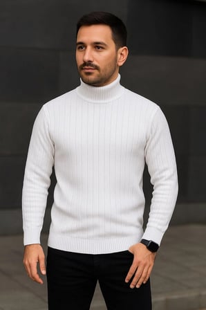 Fitilli Triko Kazak 2'li Set Beyaz Siyah Regular Balıkcı Yaka Tam Boğazlı Triko Seti Modeli Kazak