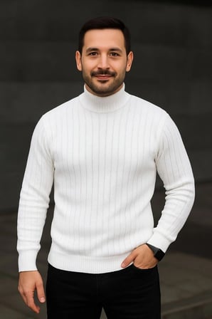 Fitilli Triko Kazak 2'li Set Beyaz Siyah Regular Balıkcı Yaka Tam Boğazlı Triko Seti Modeli Kazak