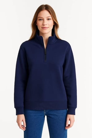 Üç İplik Dık Yaka Yarım Fermuarlı SweatShirt - Lacivert