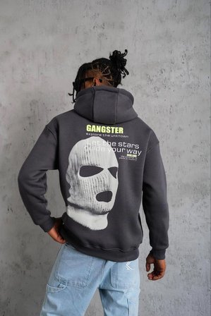 Kordonlu Maske Baskılı Kapşonlu Sweat - Gri