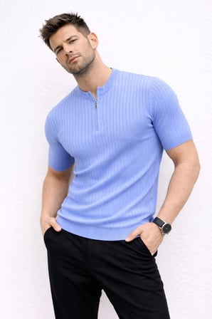 Erkek Kısa Kol Fitilli Triko T-Shirt Yazlık Hakim Yaka Tişört - Bebek Mavisi