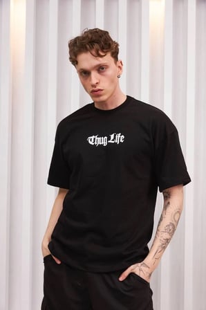 Bisiklet Yaka Baskılı Oversize T-Shirt - Siyah