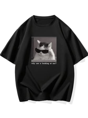 Marsilyan Unisex Tişört Siyah Bisiklet Yaka Kısa Kol Oversize Grafik Desenli