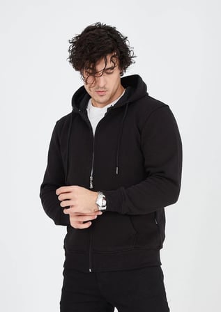 Tam Fermuarlı Kapşonlu  SweatShirt - Siyah