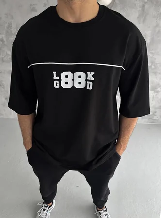 Bisiklet Yaka Baskılı Oversize T-Shirt - Siyah