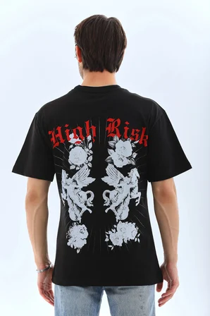 Oversize Baskılı Bisiklet Yaka T-Shirt - Siyah