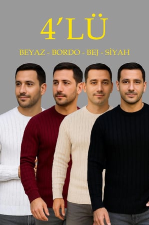 Fitilli Triko Kazak 4’lü Set – Beyaz, Bordo, Gri, Siyah | Kalın Dokuma Pamuklu Regular Fit Bisiklet Yaka Uzun Kollu Kışlık ve Baharlık Rahat Triko Kombini