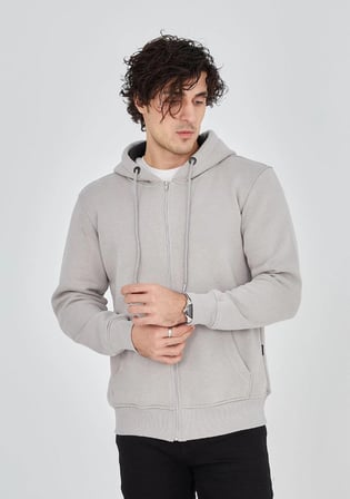 Tam Fermuarlı Kapşonlu  SweatShirt - Boyalı Gri