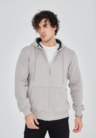 Tam Fermuarlı Kapşonlu  SweatShirt - Boyalı Gri