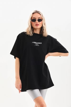 Baskılı Oversize T-Shirt - Siyah