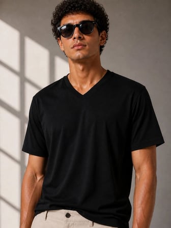 Erkek V Yaka Basic Tişört Kısa Kol Yazlık Regular Fit T-Shirt - Siyah