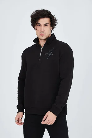 Yarım Fermuarlı Baskılı Sweat - Siyah