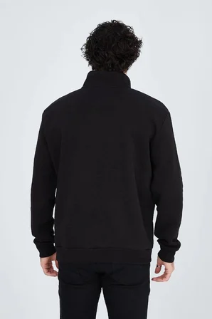 Yarım Fermuarlı Baskılı Sweat - Siyah
