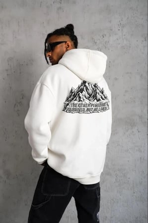 Erkek Nihilist Penguen Baskılı 3 İplik Pamuklu Kapüşonlu Sweatshirt Hoodie Beyaz