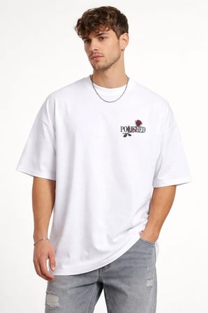 Erkek Kısa Kol Yazlık Tişört Bisiklet Yaka Baskılı Oversize T-Shirt - Beyaz