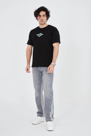 Erkek Baskılı T-Shirt Kısa Kol Bisiklet Yaka Regular Fit Rahat Kalıp Günlük Tişört - Siyah