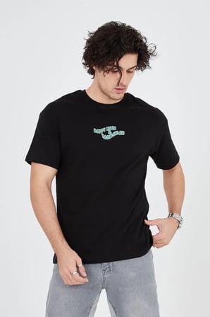 Erkek Baskılı T-Shirt Kısa Kol Bisiklet Yaka Regular Fit Rahat Kalıp Günlük Tişört - Siyah