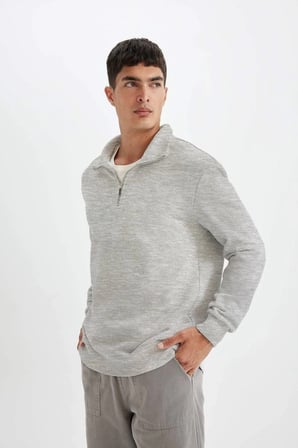 Uzun Kol Yarım Farmuarlı Yakalı Basic SweatShirt - Gri