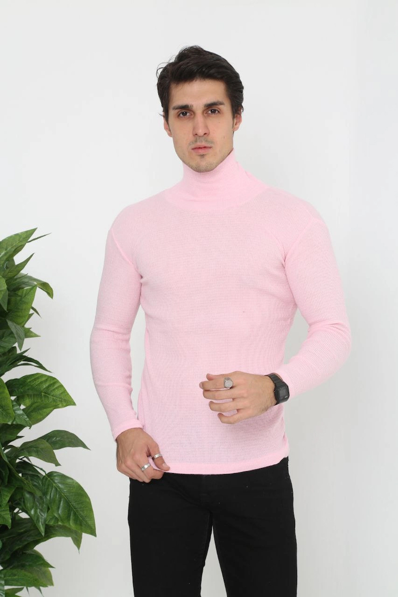 Erkek Fitilli Kaşkorse Kumaş Boğazlı Full Likralı Slimfit Body - Toz Pembe